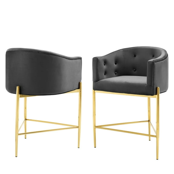 Tufted Counter Stool Chair, Set of 2, Velvet, Metal Steel, Dark Grey Gray, Modern Contemporary Urban Design, Bar Pub Cafe Bistro Hotel Restaurant Hospitality