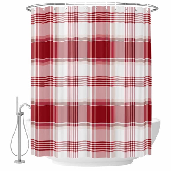 Check Plaid Fabric Shower Curtain Red White Washable Shower Curtains for Bathroom, Waterproof Bath Curtain with Hooks Home Decor 72x84in