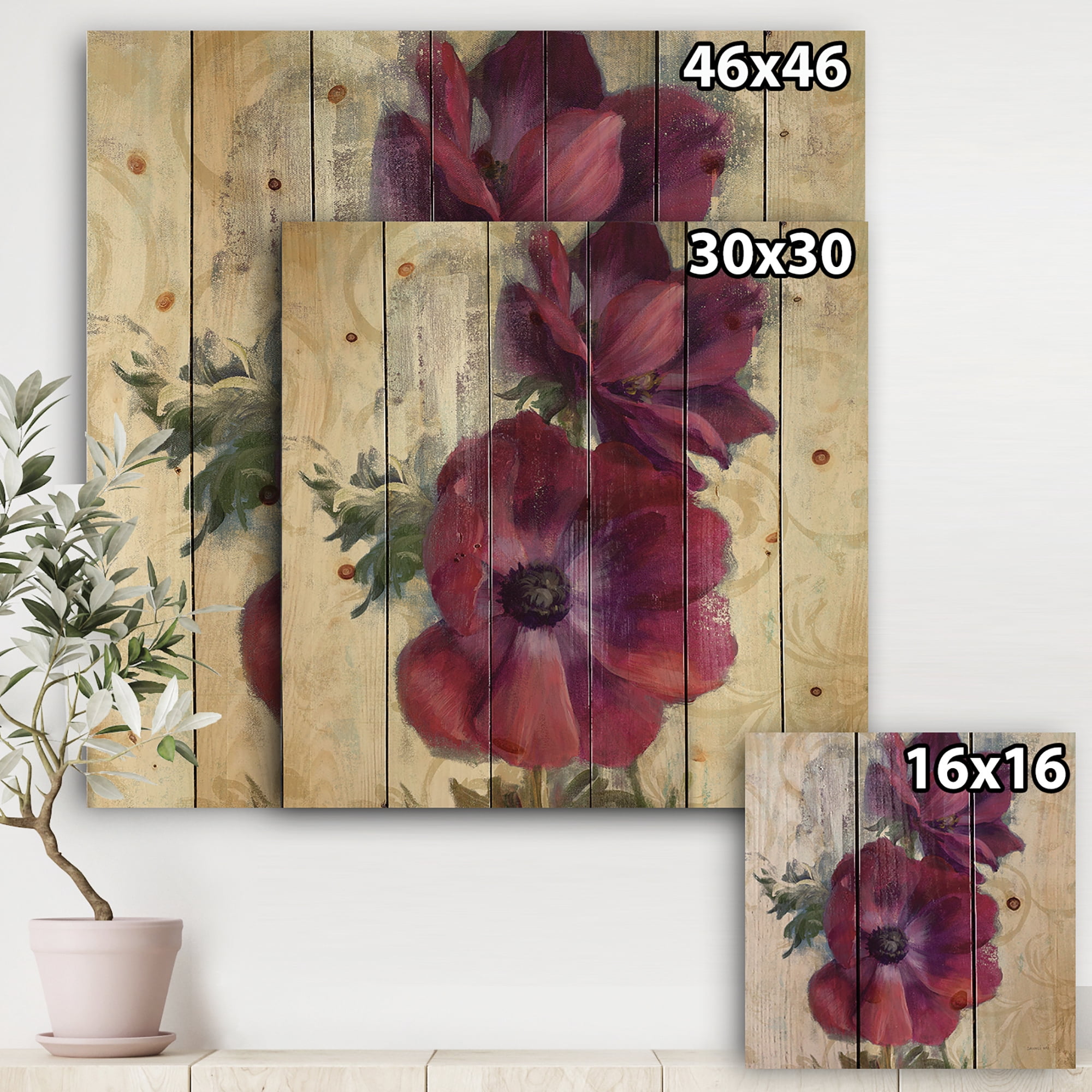 Designart 'Red Anemone Watercolor Flower' Floral Farmhouse Print on Natural Pine Wood