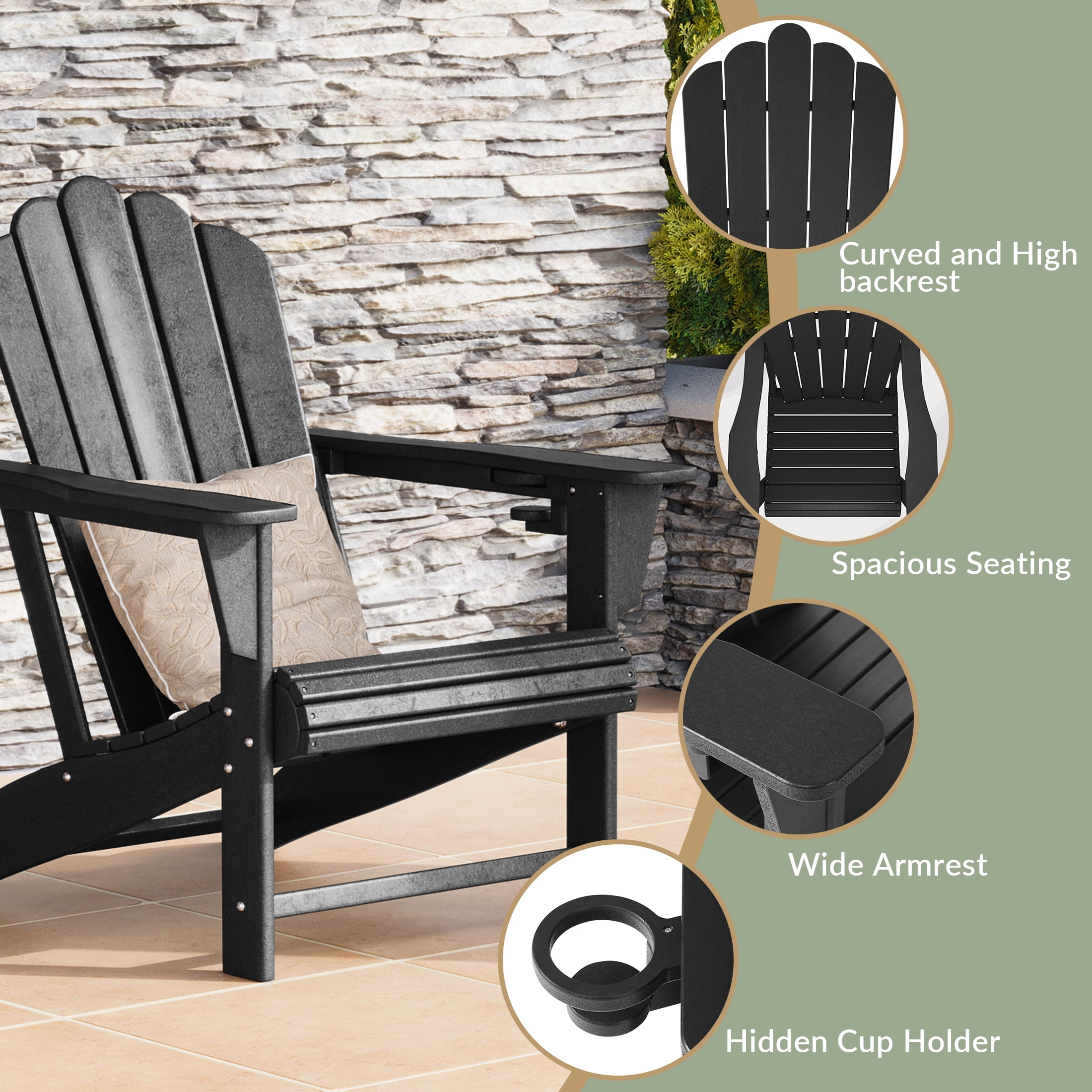 WestinTrends Highland Outdoor Patio HDPE Adirondack Chair With Cup Holder, Black