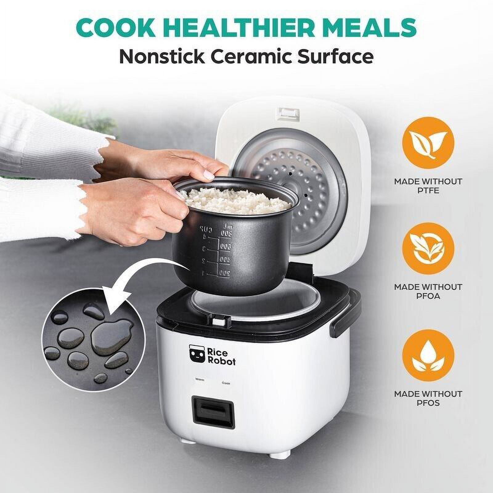 Rice Robot 4 Cup White Space Saving Rice Cooker with Ceramic Nonstick Inner Pot