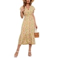 thumbnail image 2 of SAYOO - Vestido de gasa de manga corta para mujer, informal, con flores, cuello en V, cintura alta, línea A, de longitud media SAYOO Moda, 2 of 9