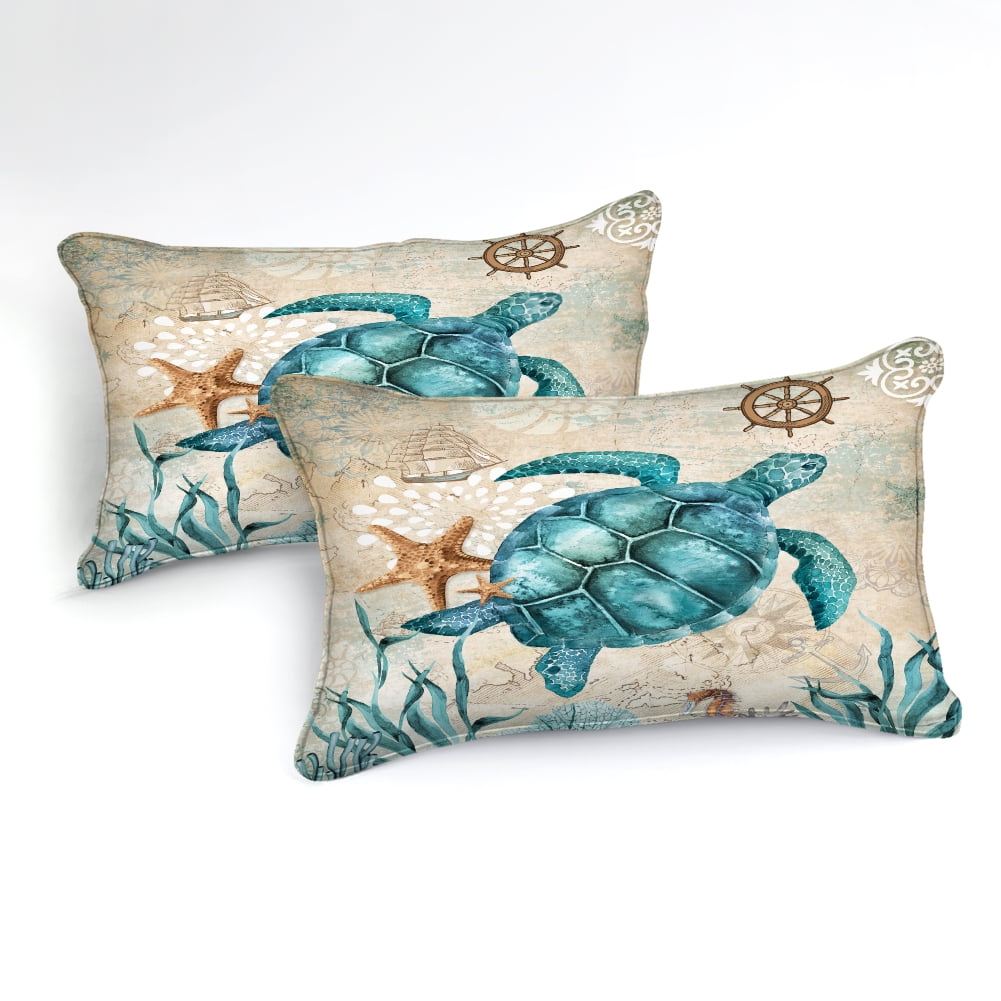Turtle Comforter Set Ocean Themed Comforter Teal Blue Turtle Pattern Beach Comforter Soft Microfiber Bedding Sets Queen Size 4 Pieces Bedding