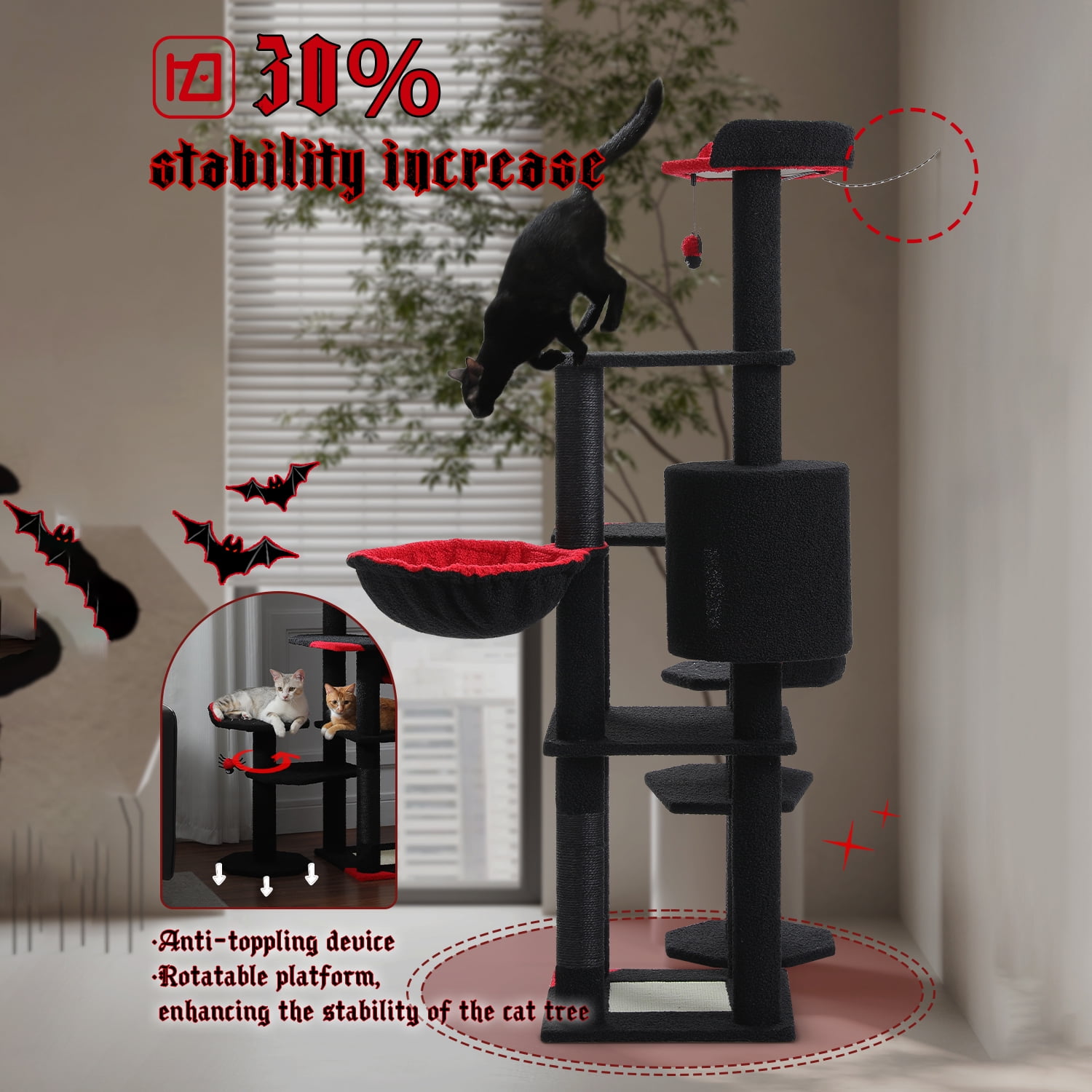 Pefilos 59" Cat Tree Tower for Indoor Cats, Multi-Level Cat Condo with 3 Removable Pompom Sticks, Cat Tree House with Hammock, Scratching Post, and 2 Perches, Black