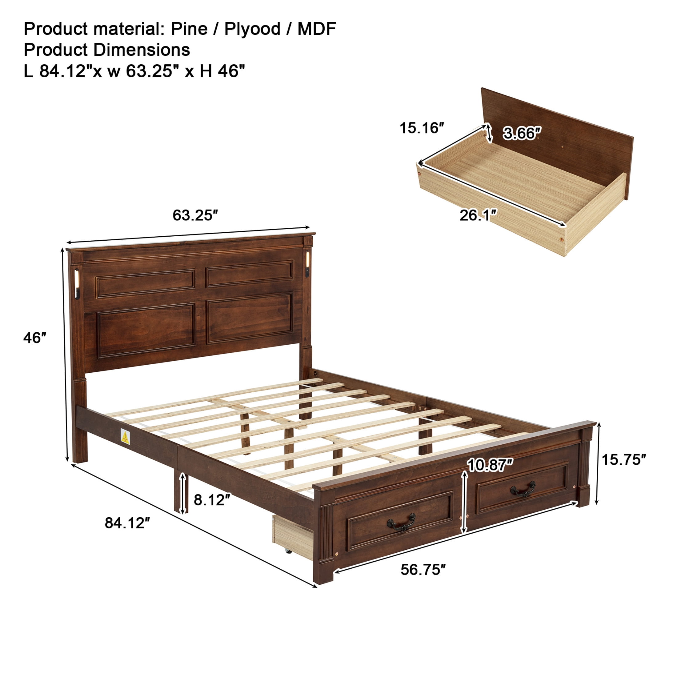 Noble House Corneille Queen Farmhouse Bed with LED Headboard, USB Charging Station, Storage Drawers, Pine Wood, Walnut