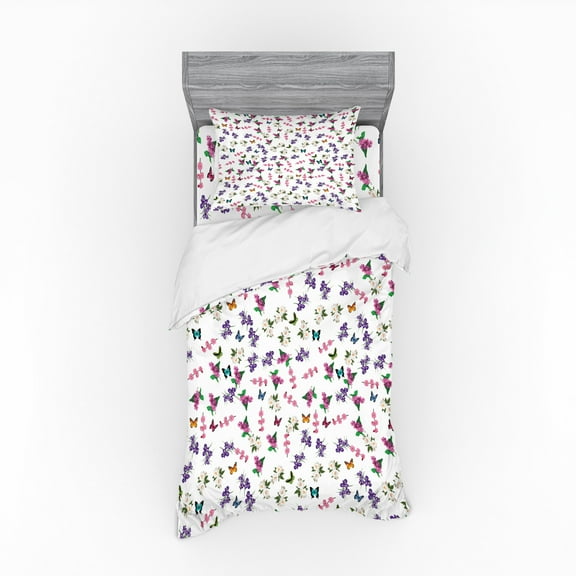 Floral Duvet Cover Set, Bouquet of Purple Spring Flowers a Magnolias Violets and Flying Tiny Butterflies, Bedding Set with Shams and Fitted Sheet, 3 Sizes, by Ambesonne
