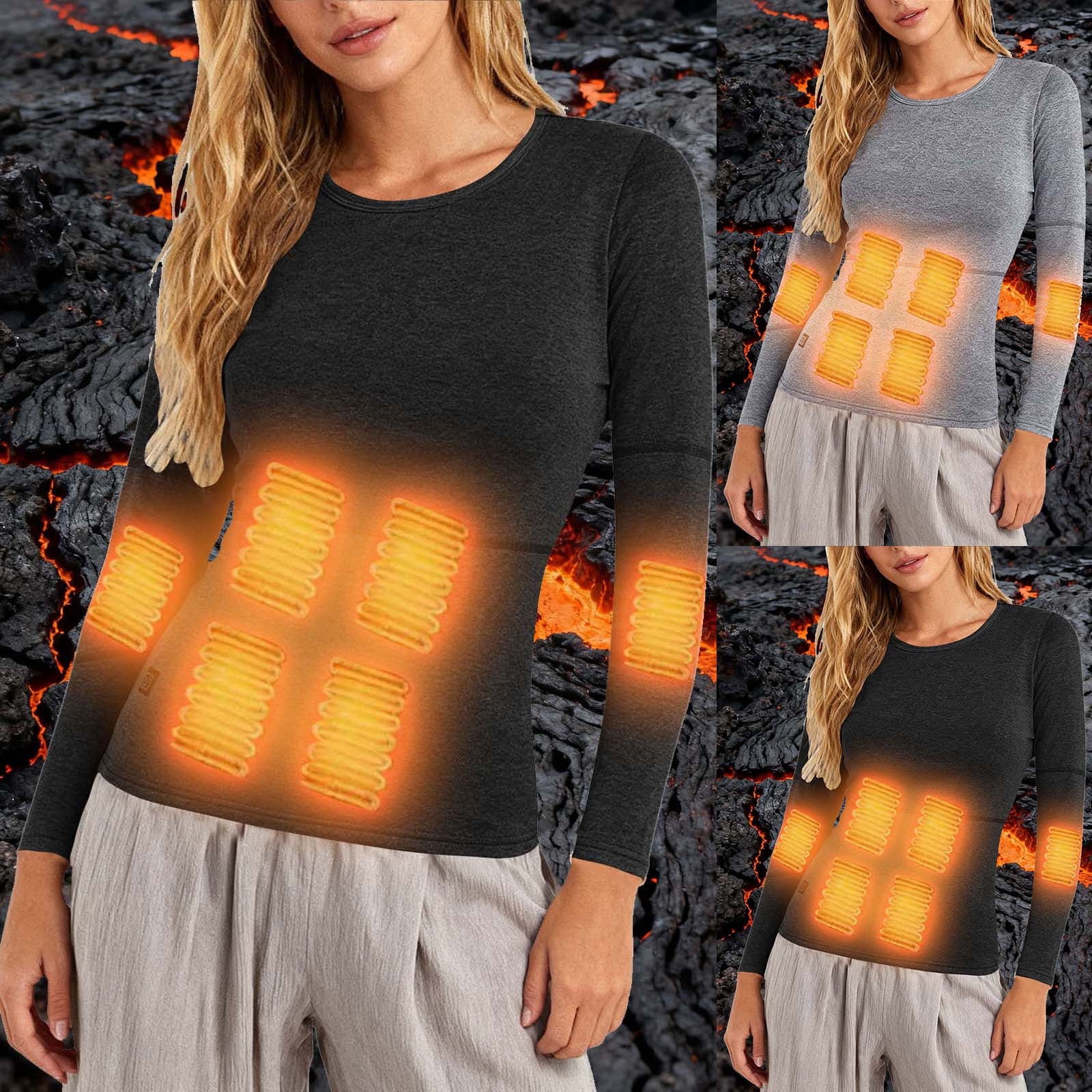 yoeyez Heated Underwear for Women Slim Fit Crewneck Long Sleeve Warm Tee Electric Thermal Baselayer Shirt for Hunting Skiing Working