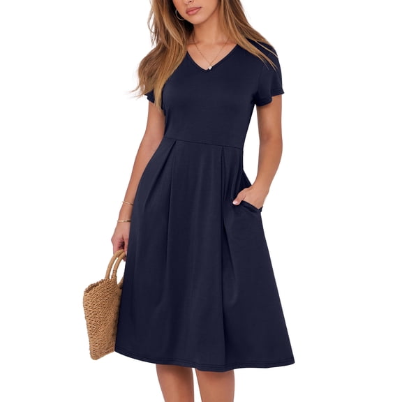 ANRABESS Women Summer Dress Casual Short Sleeve V Neck A-Line Knee Length Pleated Flowy 2026 Fashion Midi Dresses with Pocket Navy Blue Large