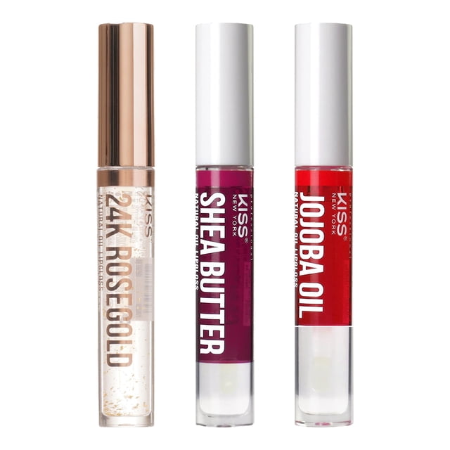 Kiss New York Paquete de 3 aceites labiales brillantes, hidratantes, no pegajosos, aceite natural, brillo labial transparente, humectante labial ligero (oro rosa, manteca de karité y jojoba)