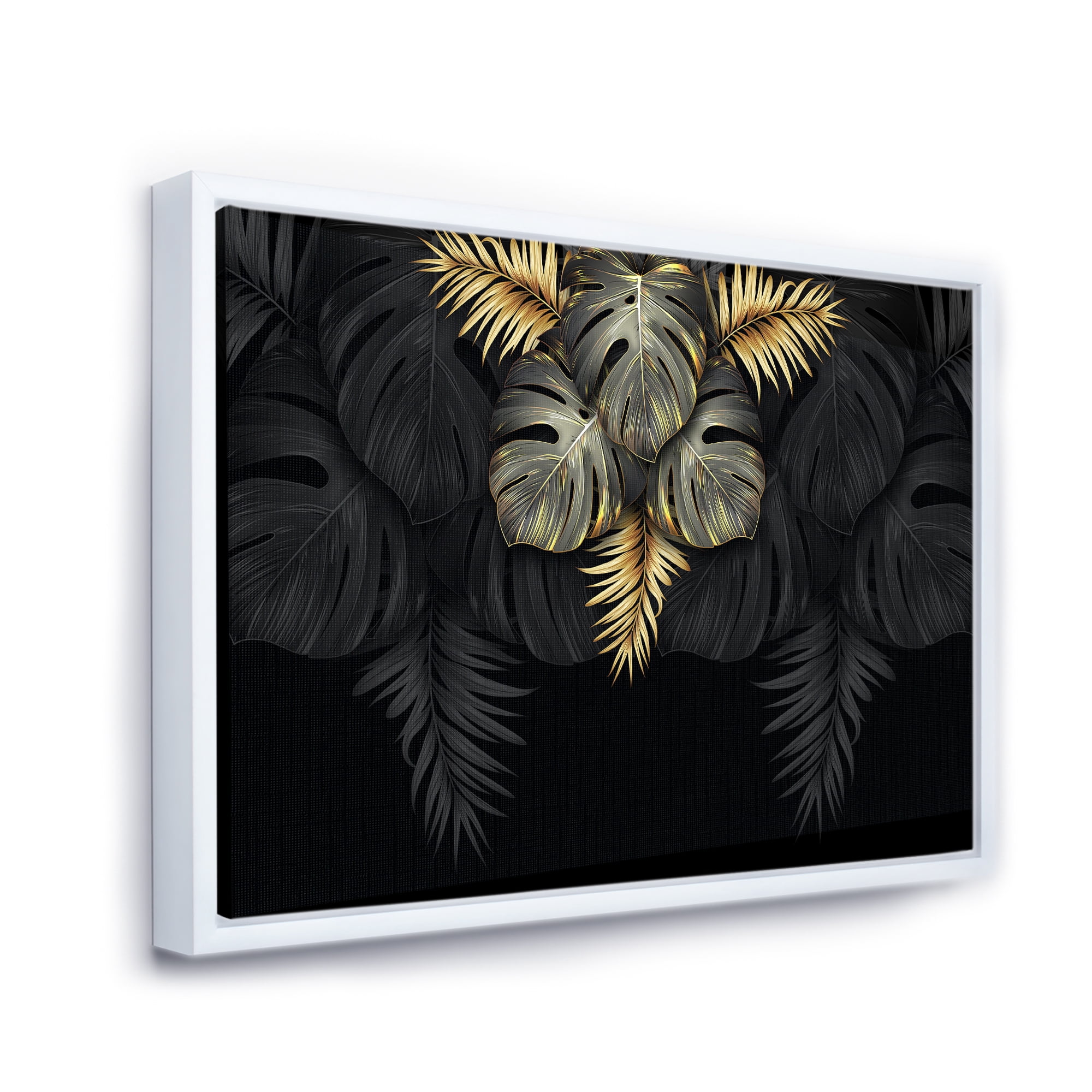 Designart 'Gold and Black Tropical Leaves IV' Modern Framed Canvas Wall Art Print