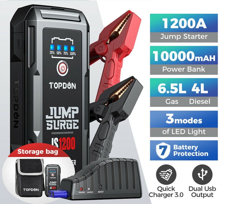 Topdon 10000mAh 1200Amp Car Jump Starter Portable Power Bank Battery Booster 