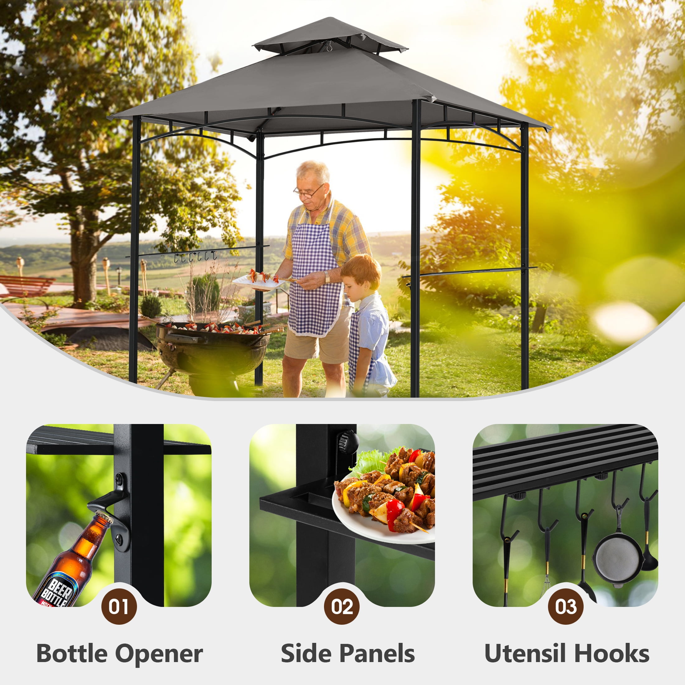 MASTERCANOPY 8 x 5ft Outdoor BBQ Grill Gazebo with LED Lights and Shelves, Dark Gray