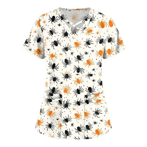 Women's Halloween Scrub Tops Tunic Print Work Scrub Shirts Short Sleeve Lightweight Fall Nurse T-Shirts with Pockets