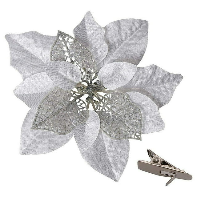 15 Pcs Poinsettia Fleurs Artificielles Décorations d'Arbre Ornements Paillettes Rouges avec Clips