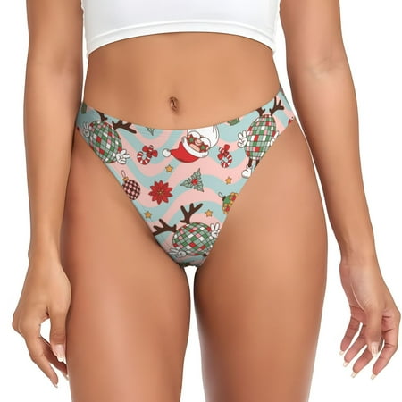 Qokaie Quirky Santa Reindeer Retro Wave Printed Women s Cotton Thong Underwear  Sexy Breathable Panties G-string-Medium