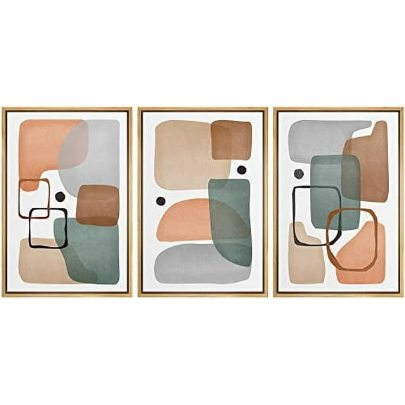 IDEA4WALL Framed Wall Art Print Set Retro 1960s Pastel Polygon Collage Abstract Shapes Illustrations Modern Decorative Multicolor Boho for Living Room, Bedroom, Office - 24"x36"x3 Natural