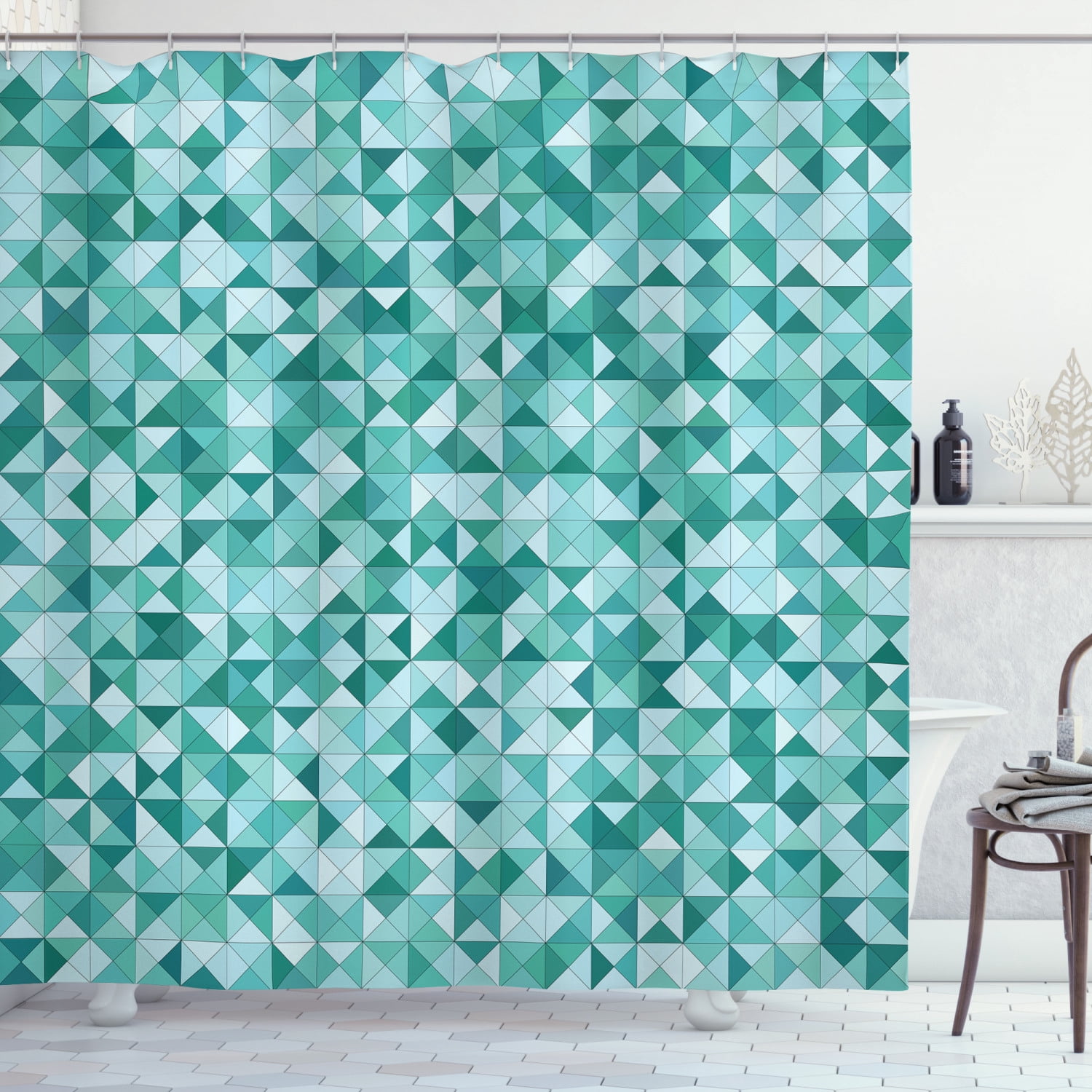 Teal Shower Curtain, Triangle Mosaic with Polygon Shapes with Artistic
