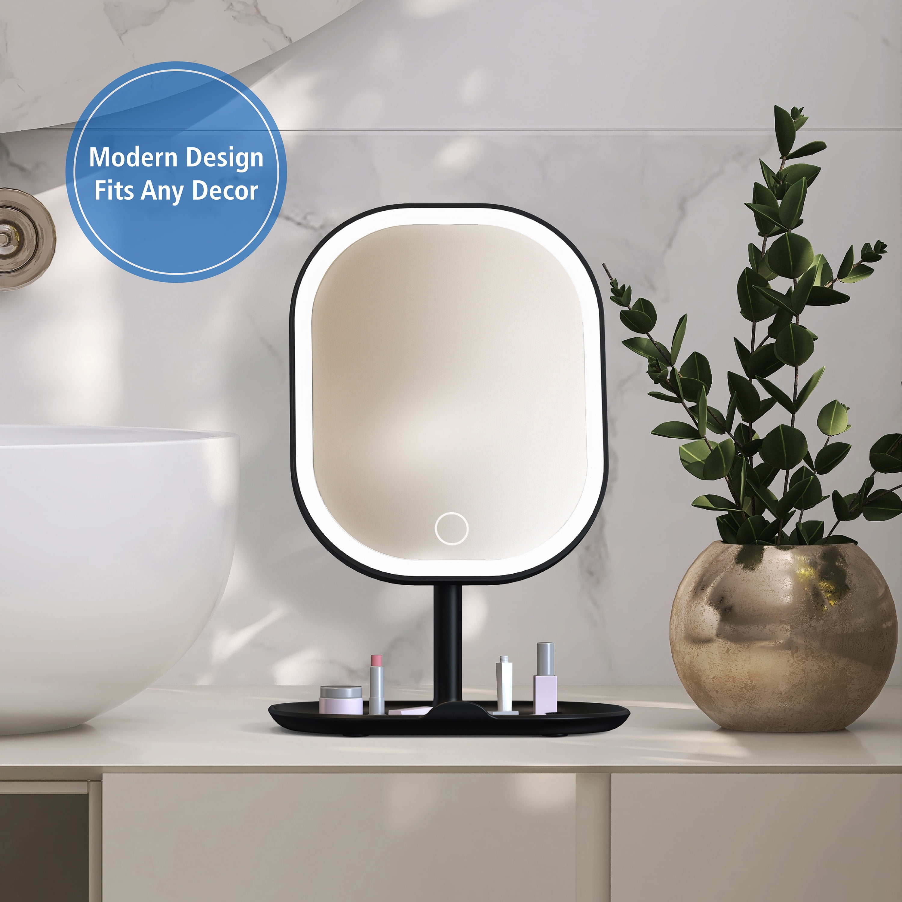 Mainstays LED Makeup Mirror, Rechargeable Vanity Mirror with Lights and Storage Tray Base, Black