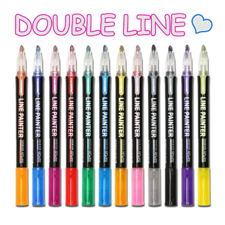 12 Colors Shimmer Outline Markers, Double Line Metallic Pen Set Sparkle Self-outline Doodle Marker Cool Magic Silver Glitter Dazzle Pen Card Dazzlers