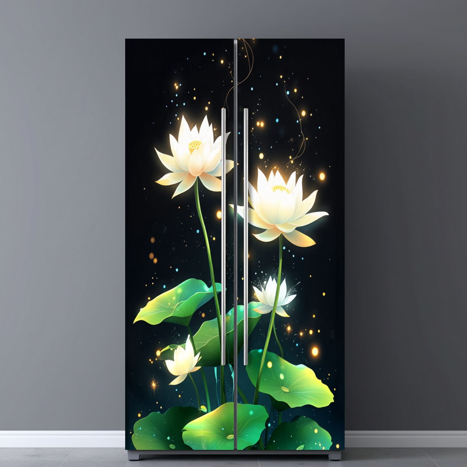 Self Adhesive Vinyl Refrigerator Wrap Set Glowing Lotus Flowers Tranquil Water Sparkling Spiritual Door Mural Removable Fridge Sticker Peel and Stick&nbsp;Full Door Cover Decal Kitchen Bar Decor