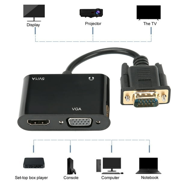 Adaptador Adaptador VGA A Convertidor De Energía 3 En 1 Pantallas De Proyector De TV Con Audio Para Computadora Portátil Negro