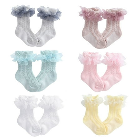 

6 Pairs Baby Toddler Girls Princess Knit Cotton Frilly Socks Lace Ruffle Breathable Casual Dress Socks Mesh Socks for 0-5 Years Infant and Toddlers