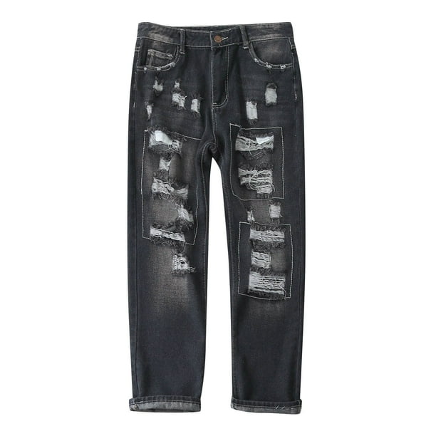 Gibobby Pantalones mezclilla mujer Boyfriend Jeans para mujer Pantalones de mezclilla desgastados y rasgados elásticos(Negro,M)