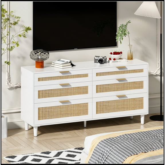 59" Rattan Dresser with Drawers, 6 Drawer Dresser for Bedroom, Clothes Storage Cabinet for Bedroom, Metal Handle&Wood Legs for Hallway, Living Room, Bedroom,White