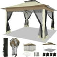 thumbnail image 3 of COBIZI Pop-up Gazebo 12x12 Outdoor Gazebo Canopy with Mosquito Netting Patio Tent Backyard Canopy with 2-Tiered Vented Top 3 Adjustable Height and 144 Square ft of Shade, Beige, 3 of 18