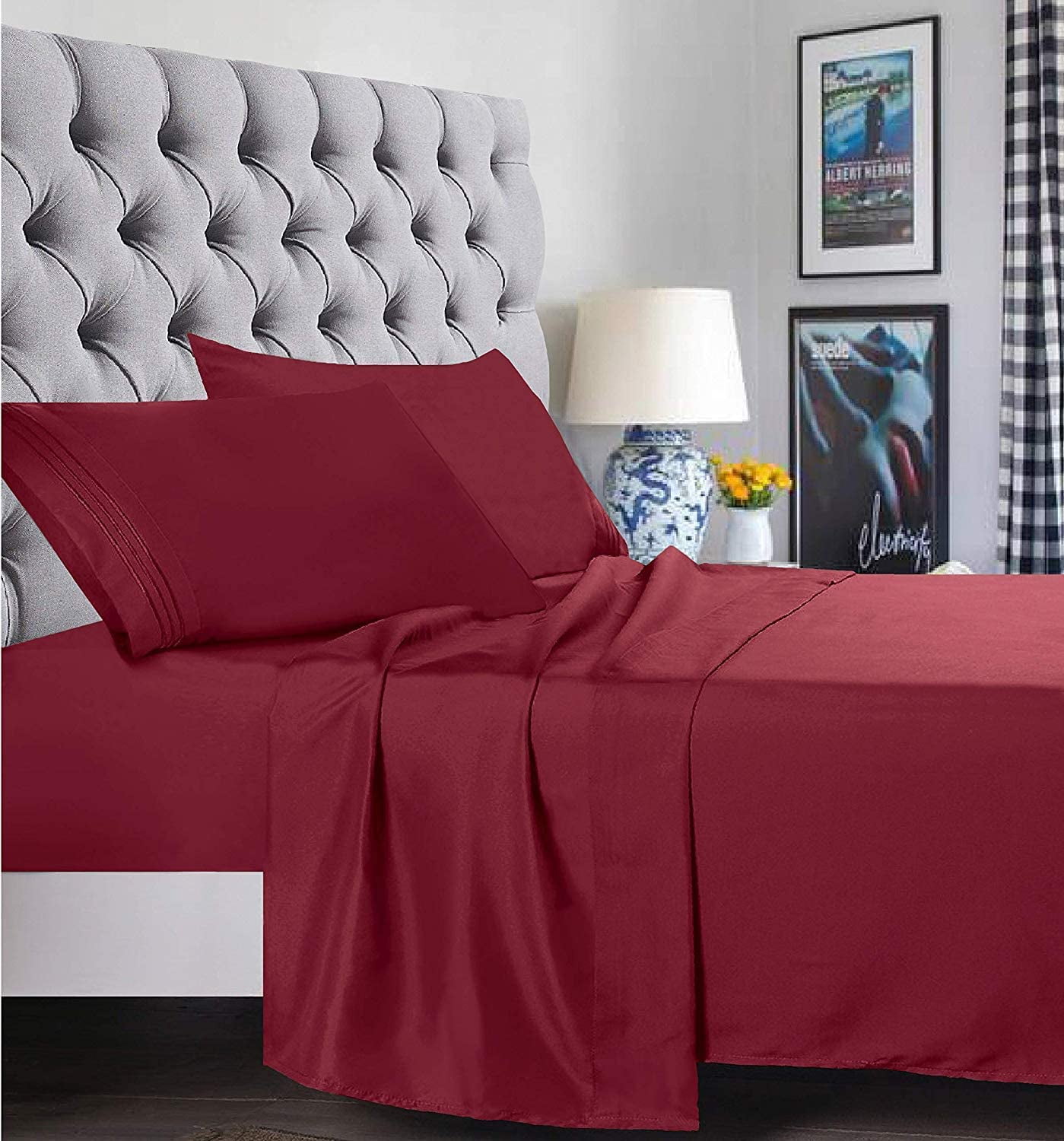 Bed Sheets Set, 1500 Series Deep Pocket 4 Piece Bed Sheet Set, Microfiber, California King, Burgundy