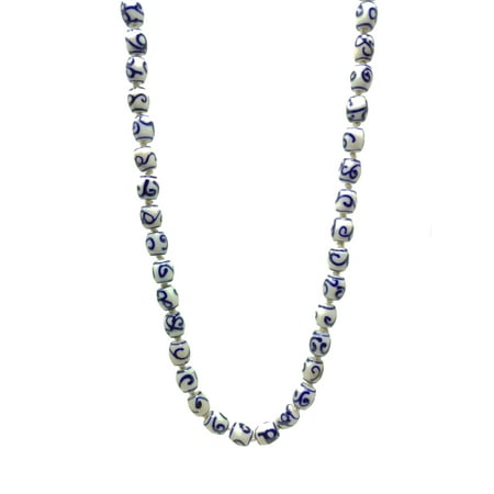 Single Strand Glass Beaded Necklace Blue and White Ceramic Barrel Shaped Beads-Beautiful Handmade Unique Women Fashion