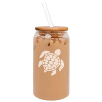 16oz Can Shaped Glass Iced Coffee Cup with Bamboo Lid and Straw Gift Sea Turtle