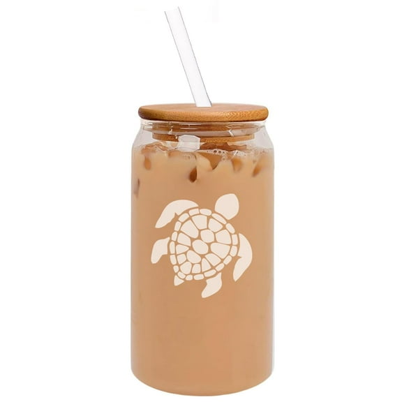 16oz Can Shaped Glass Iced Coffee Cup with Bamboo Lid and Straw Gift Sea Turtle