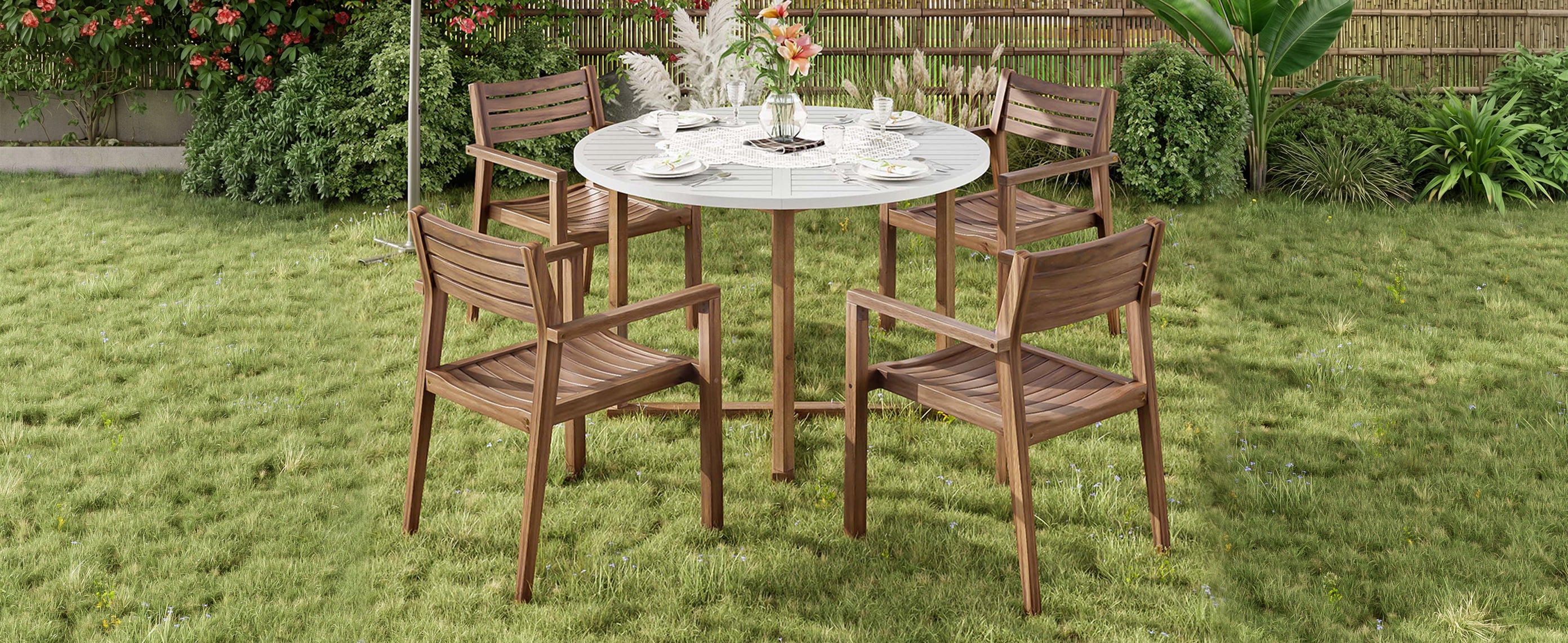 Mintazer 5 Piece Outdoor Patio Dining Set with 47.2" Round Table & 4 Chairs for Patio Lawn Garden & Indoor, Brown & White