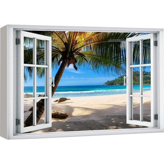 Aaheei Canvas Print Wall Art Window View Tropical Island Beach Vacation Paradise Wilderness Nature Photography Realism Scenic Landscape Colorful Multicolor for Living Room, Bedroom, Office