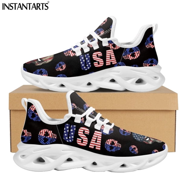 Zapatillas deportivas informales con diseño de bandera de EE. UU. para mujer, zapatos para caminar con cordones transpirables, zapatos planos con estampado de calavera y bandera estadounidense