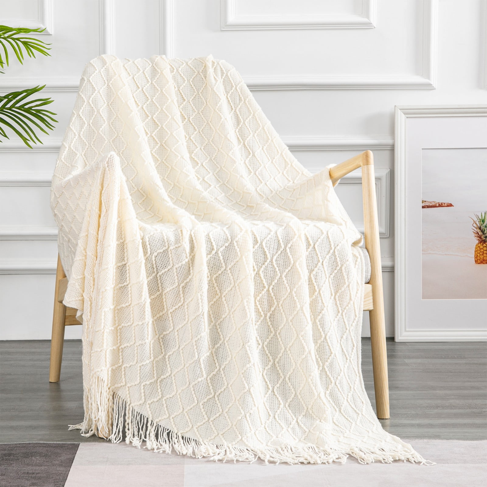 Topfinel 100 Acrylic Knit Throw Blanket Textured Cream Throw Blankets with Tassels for Couch 60
