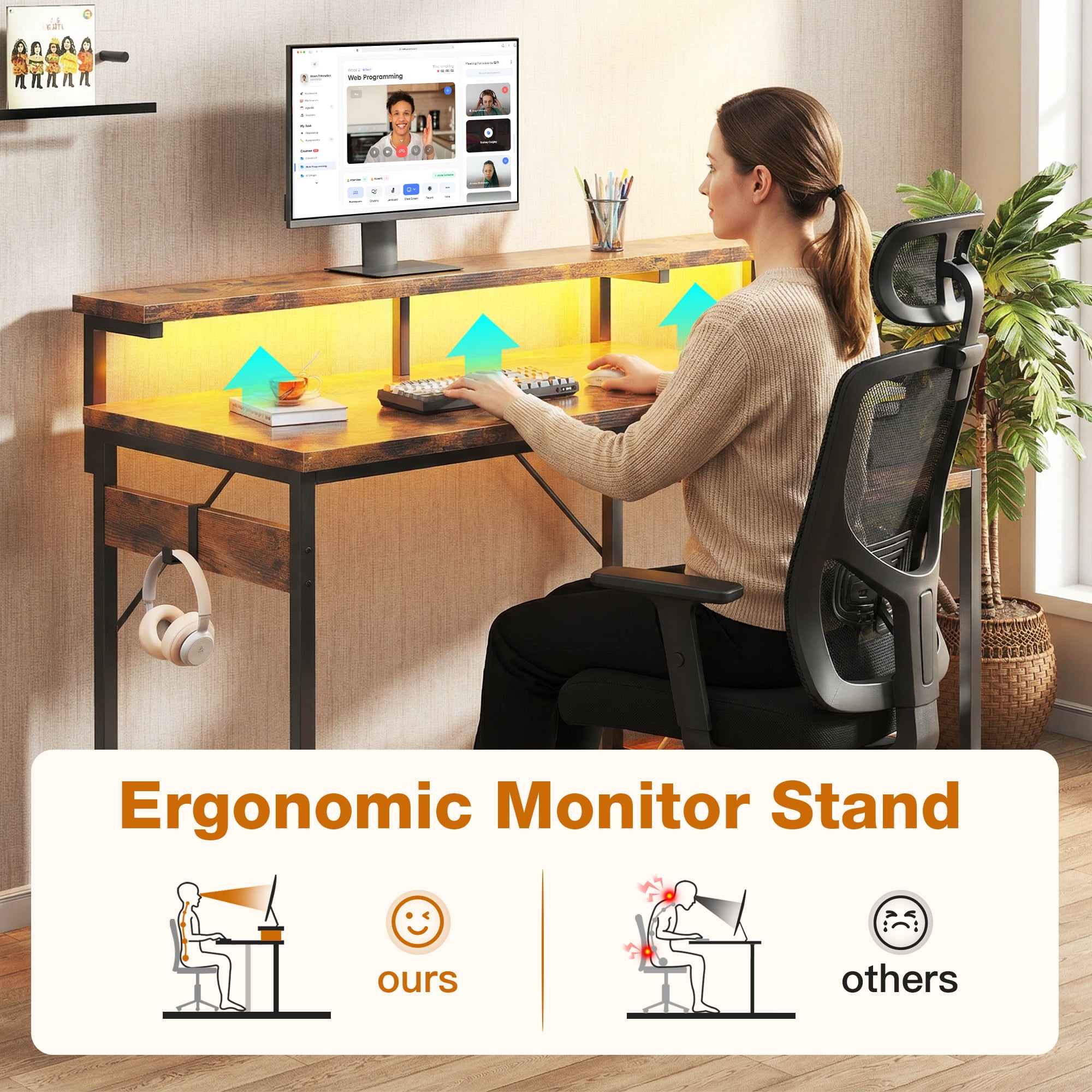 Casacomoda 48 Inch Computer Desk with Monitor Stand & LED Lights, Home Office Desk with Adjustable Storage Shelf & CPU Stand, Vintage