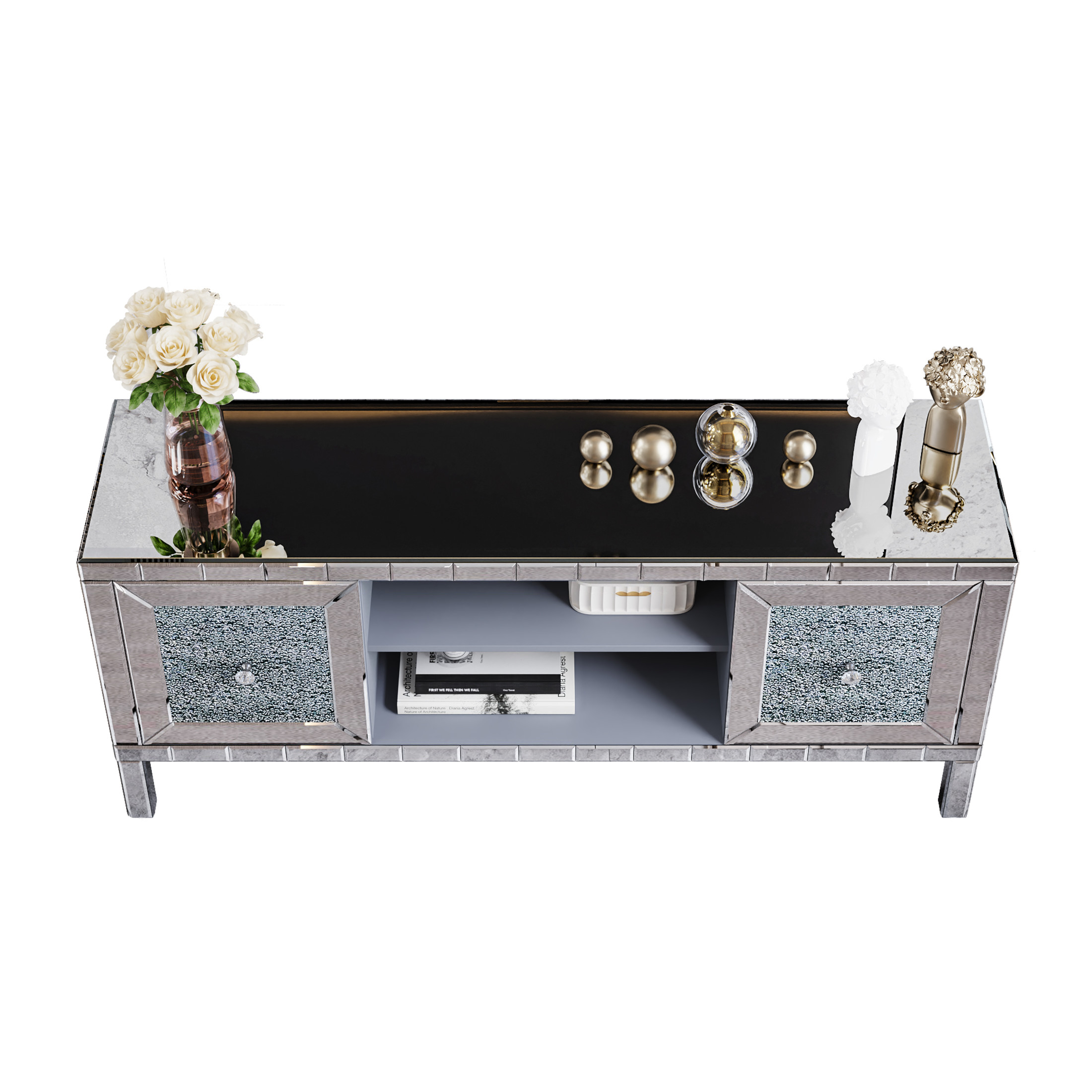 Noble House 60" Modern Mirrored TV Stand, Crushed Diamond Glass Doors Media Console with Adjustable Storage, Silver