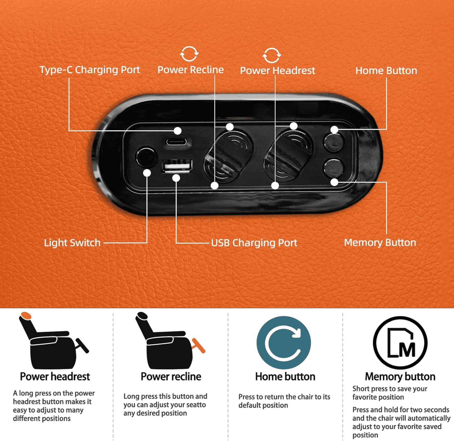 comfiroom Leather Home Theater Seating, Simple Style Top Grain Leather Game Seats Movie Theater Chairs Recliner Sofa with Type-C USB Charger (Orange, Row of 3)