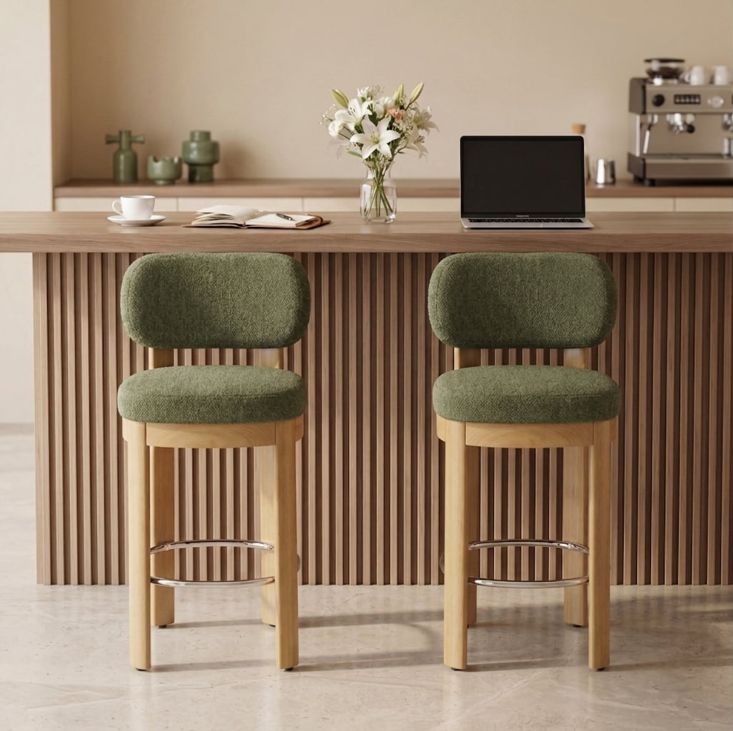 Guyou 26" Bar Stools Set of 4, Modern Chenille Upholstered Counter Height Bar Stools, Farmhouse Armless Bar Chairs with Solid Wood Legs & Padded Back for Kitchen Island/Dining Room Bar, Green