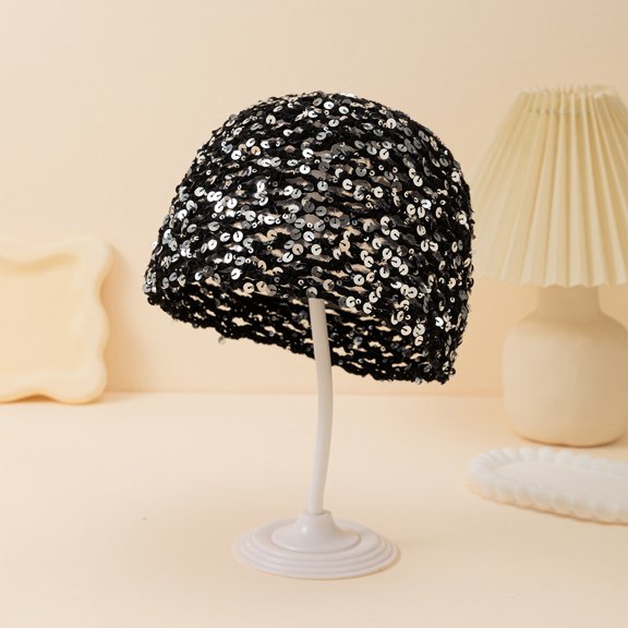 Stralyhd Women's Sparkly Hollow Out Beanie Summer Sequin Crochet Hat Boho Glitter Knit Cap for Travel Party Event Black One Size