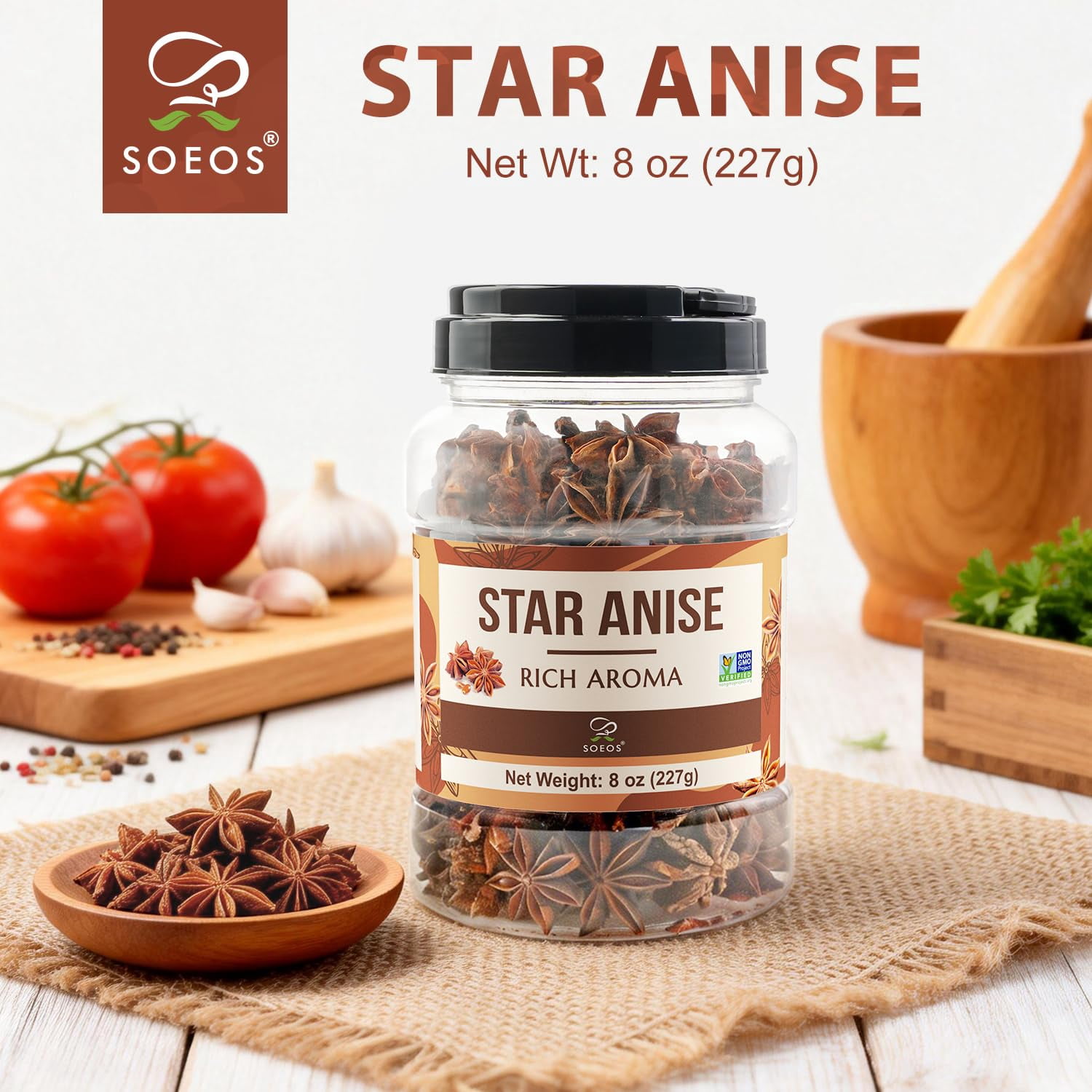 Soeos Whole Star Anise, 8 oz, Premium Aromatic Star Anise Pods for Pho, Braised Meats, Mulled Drinks, Baking, Tea & Asian Cooking