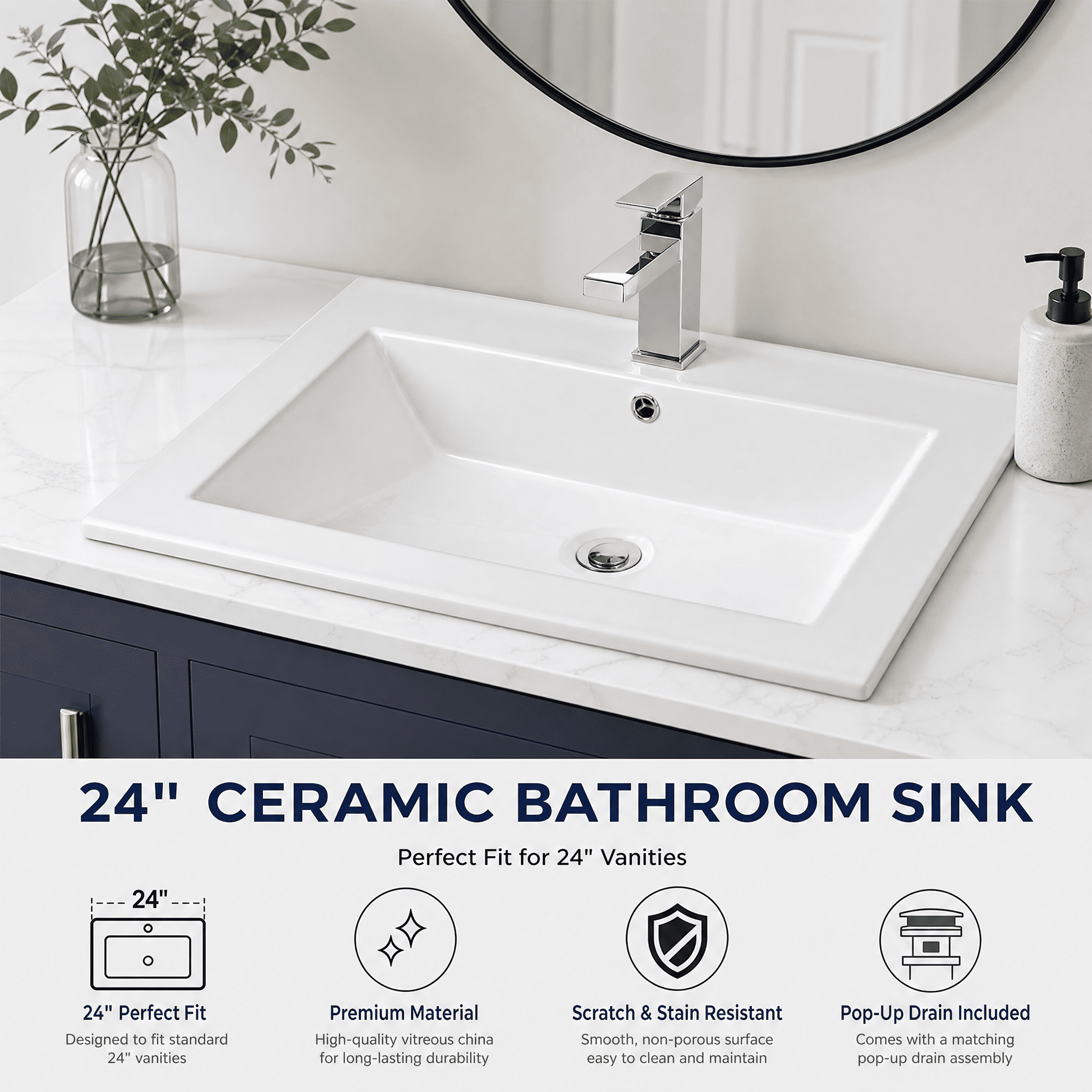 24″W x 18″D Drop In Bathroom Ceramic Vessel Sink with Single Hole, White Rectangle Porcelain Vanity Top Mount with Overflow for Bathrooms Replacement
