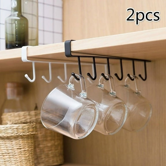2 Piece Metal 6 Hook Mug Rack Hanging Wardrobe Kitchen Organizer Coffee Tea Cup Holder Under Shelf Cabinet Hanging Holder