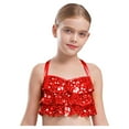 thumbnail image 4 of Lejafay Girls Jazz Dance Costume Sets Glitter Metallic Crop Top Pants with Tiered Ruffles Cross Back for Performance Red 10, 4 of 6