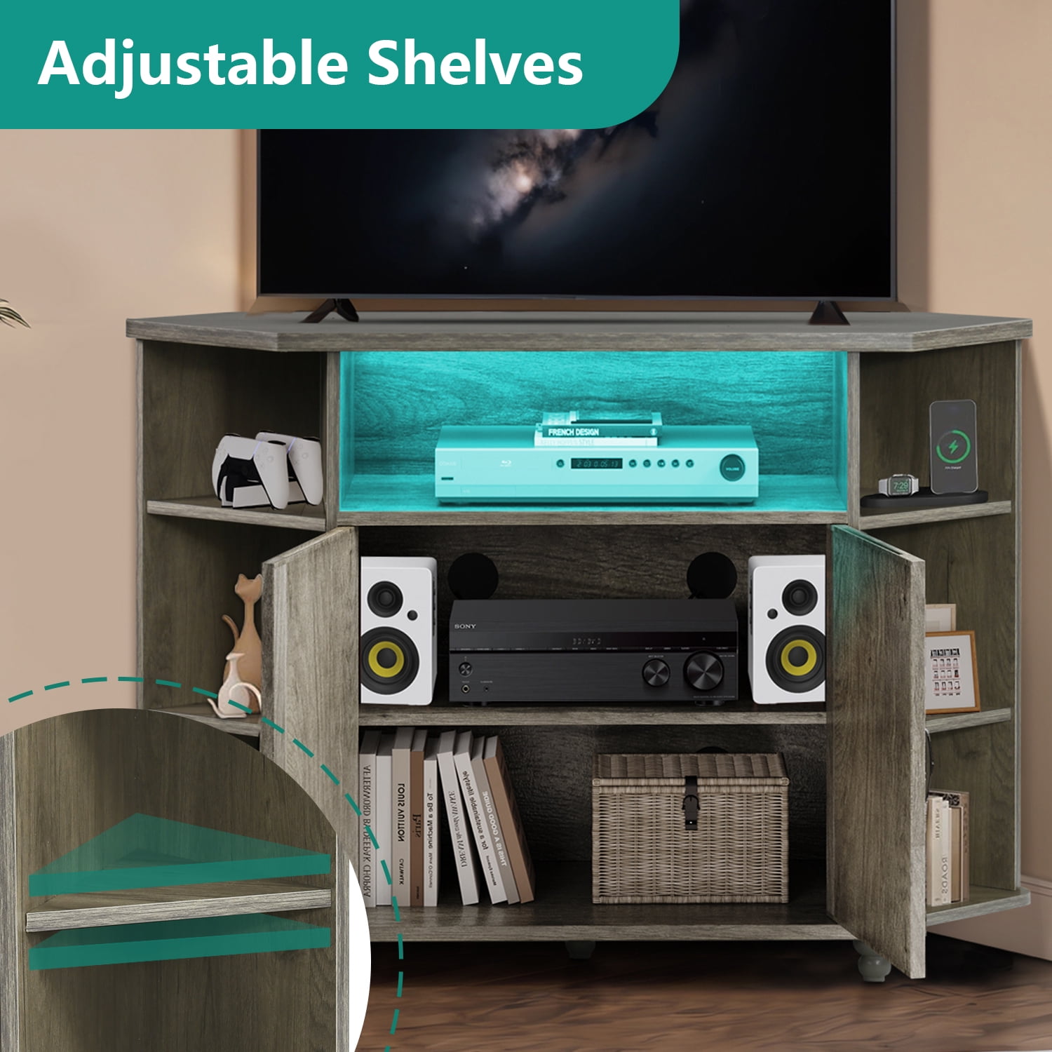 DreamCurship Modern Farmhouse Corner TV Stand for TVs Up to 55 Inch, Entertainment Center with Adjustable Shelves for Living Room, Wash Gray