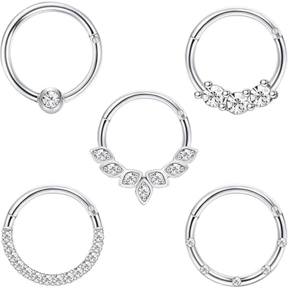 5PCS CZ Sparkle Hinged Clicker Rings, 16G Stainless Steel Cartilage Earrings Set, Multi Use Hoop Jewelry for Daith Septum Nose Helix, Everyday Wear Gift for Women Men