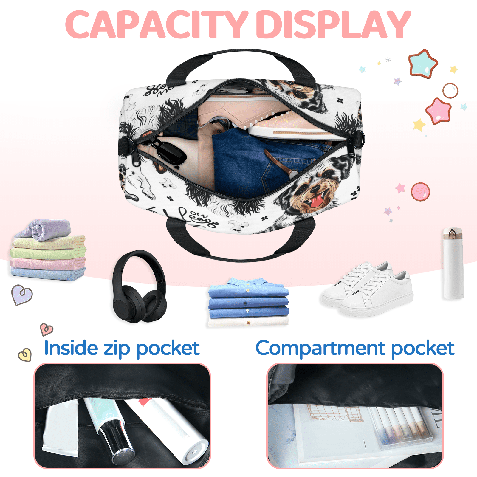 Herdesigns Dog Print Gym Bag for Women, Duffle Bag for Travel Sport, Lightweight Waterproof Carry on Weekender Overnight Dance Yoga Workout Bags