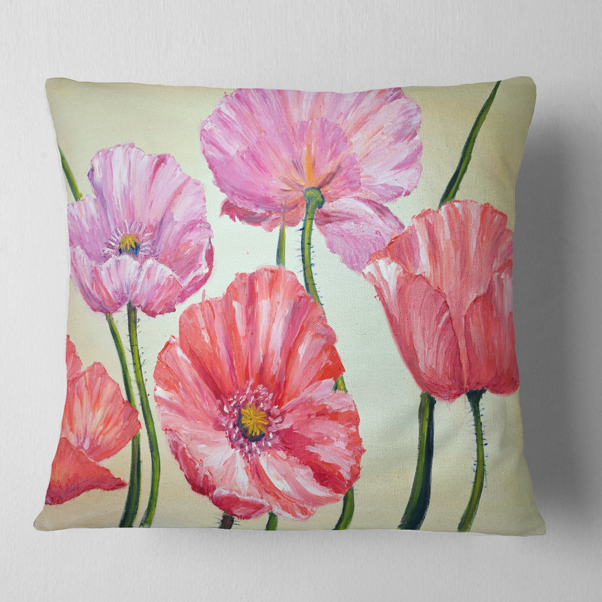 Designart Red and Pink Poppies - Floral Throw Pillow - 18x18